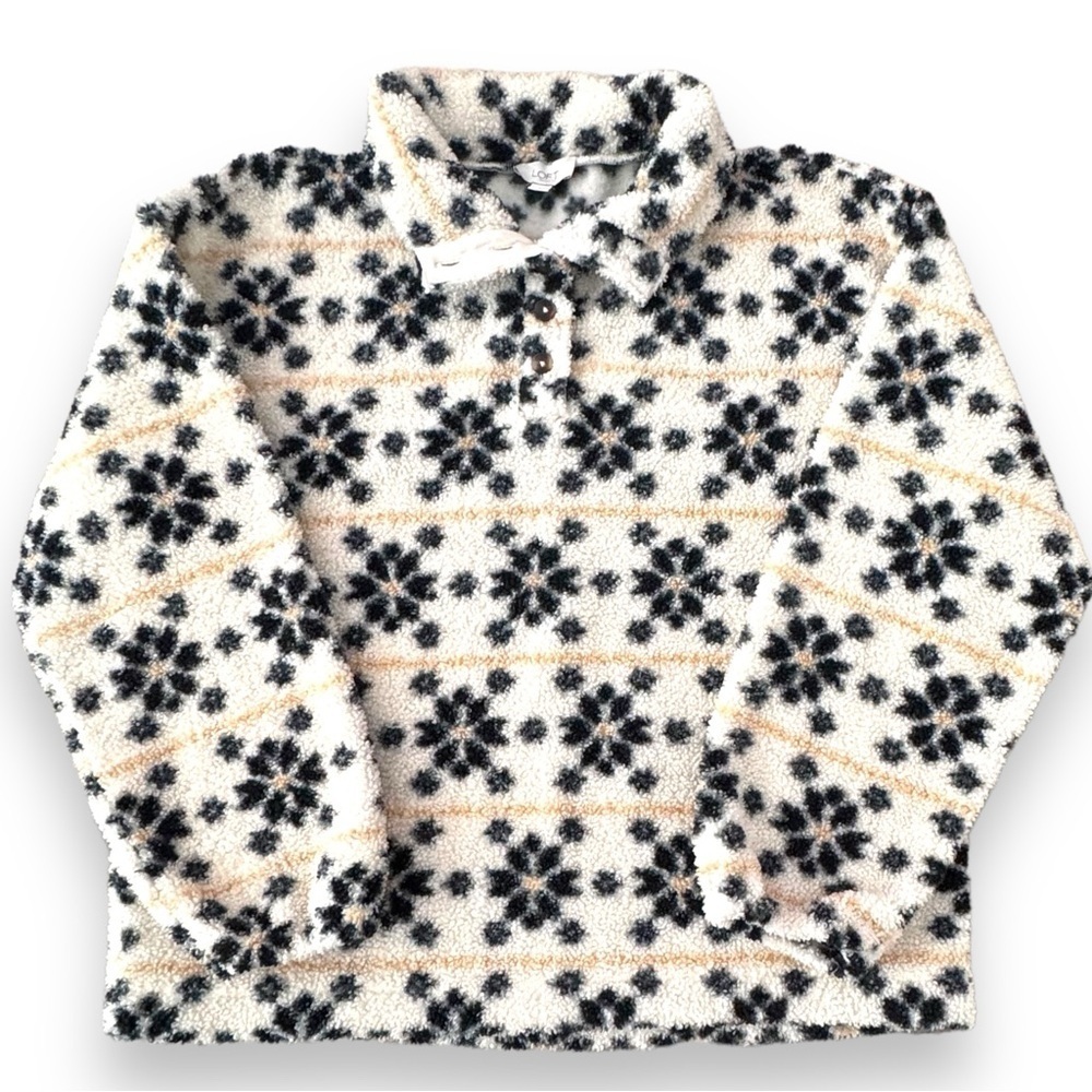 LOFT Size Large Black-Gold-Cream 3/4 Button Pullover Fleece Jacket